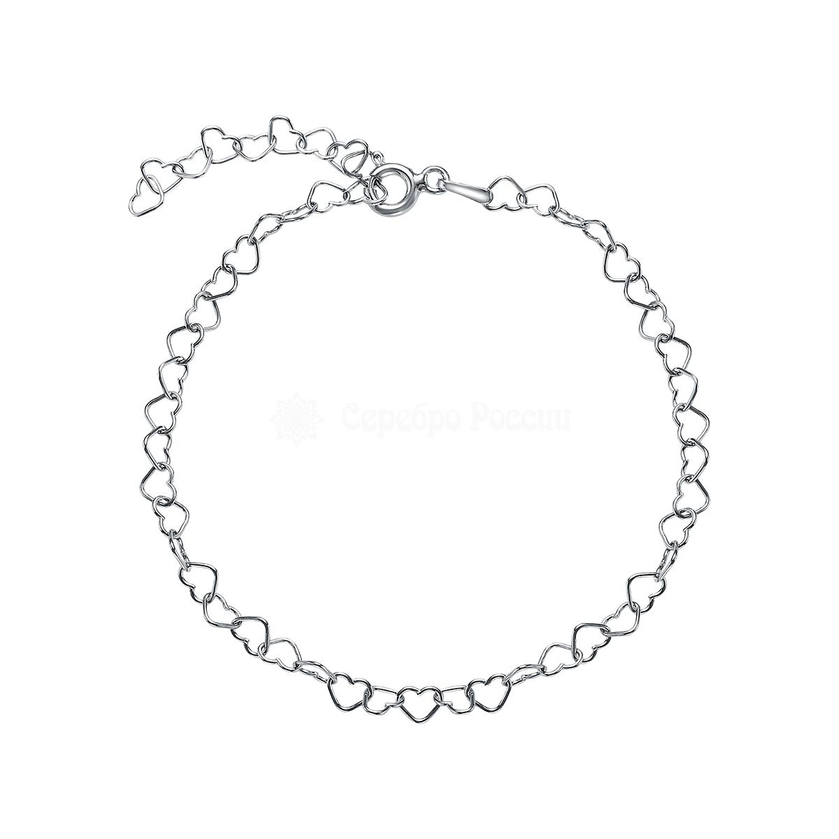 Браслет на ногу из серебра родированный - Сердечки, 23 см 6701R045L23