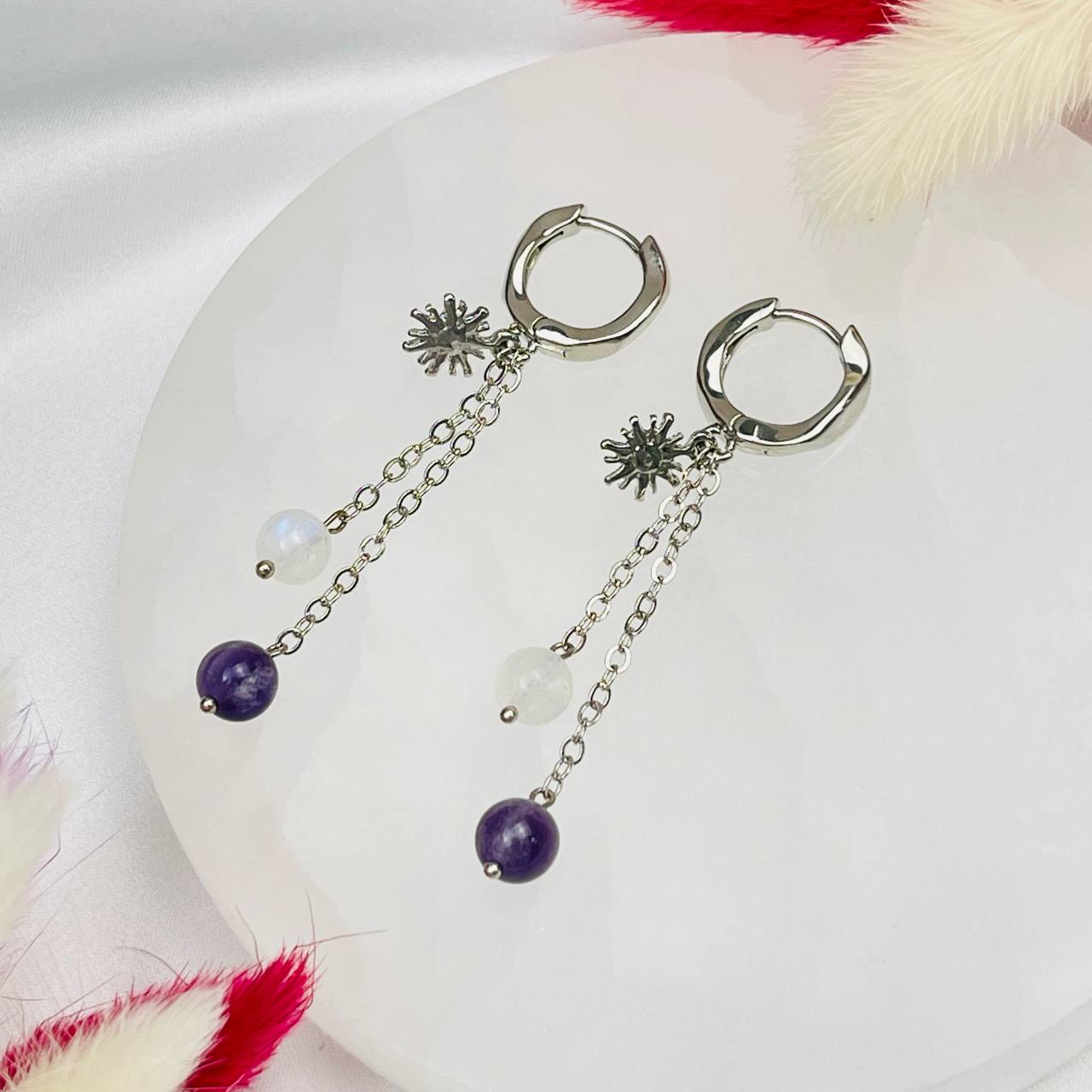 Радуга Самоцветов Серьги на цепочке из Аметиста и Лунного камня