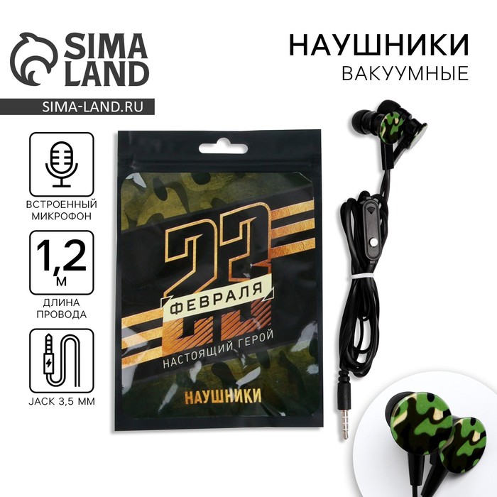 Наушники вакуумные «Настоящий герой. 23 февраля», с микрофоном, 1,2 м, 10 х 15 см