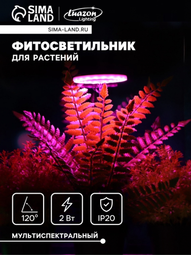 Фитосветильник для растений, светодиодный, 2 Вт, 90 мм, IP20, 5 В, USB, в горшок, 1 круг, мультиспектральный