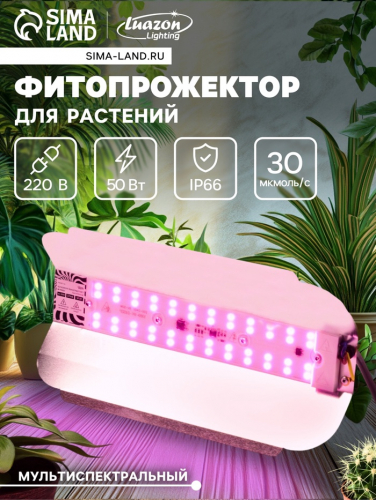 Фитопрожектор для растений Luazon Lighting СДО09-50, светодиодный, 50 Вт, IP65, 220 В, бескорпусный, мультиспектральный