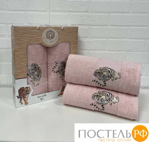 Набор махровых полотенец Тигр LUX 2пр (50х90+70х140) 100 % хлопок розовый хвост (88920)