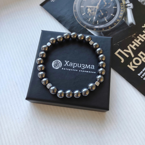 Браслет из гематита, камни 8мм в диаметре
