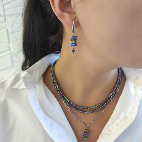Серьги из гематита фиолетовые + зелёные оттенки