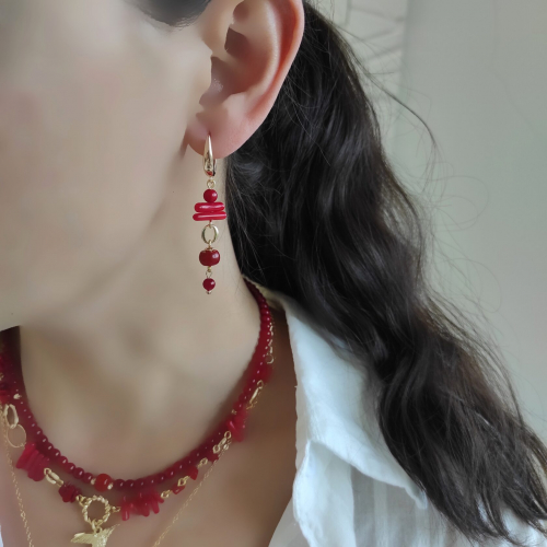 Серьги с красными кораллами в позолоченой фурнитуре