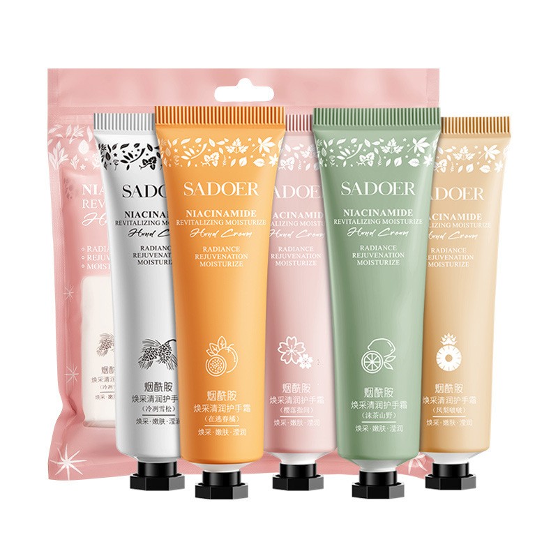 Набор парфюмированных кремов для рук с нацинамидом SADOER (Коллекция 1: Мандарин, Ананас, Цветы, Кедр, Жасмин