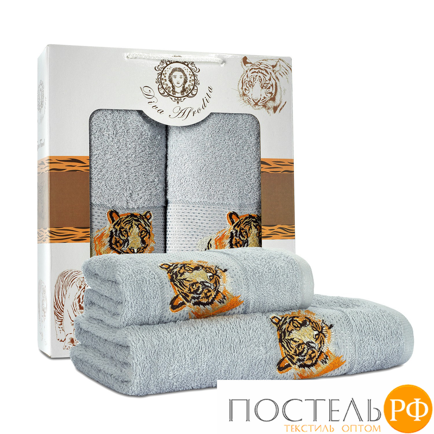Набор махровых полотенец Тигр LUX 2пр (50х90+70х140) 100 % хлопок серый шл (91142)