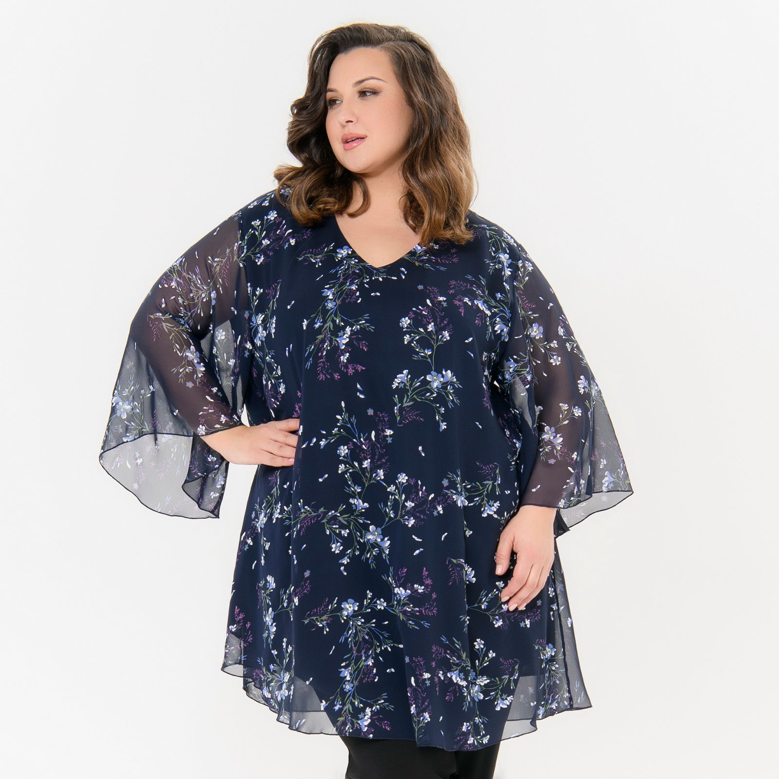 Туника свободная, шифон темно-синий, принт