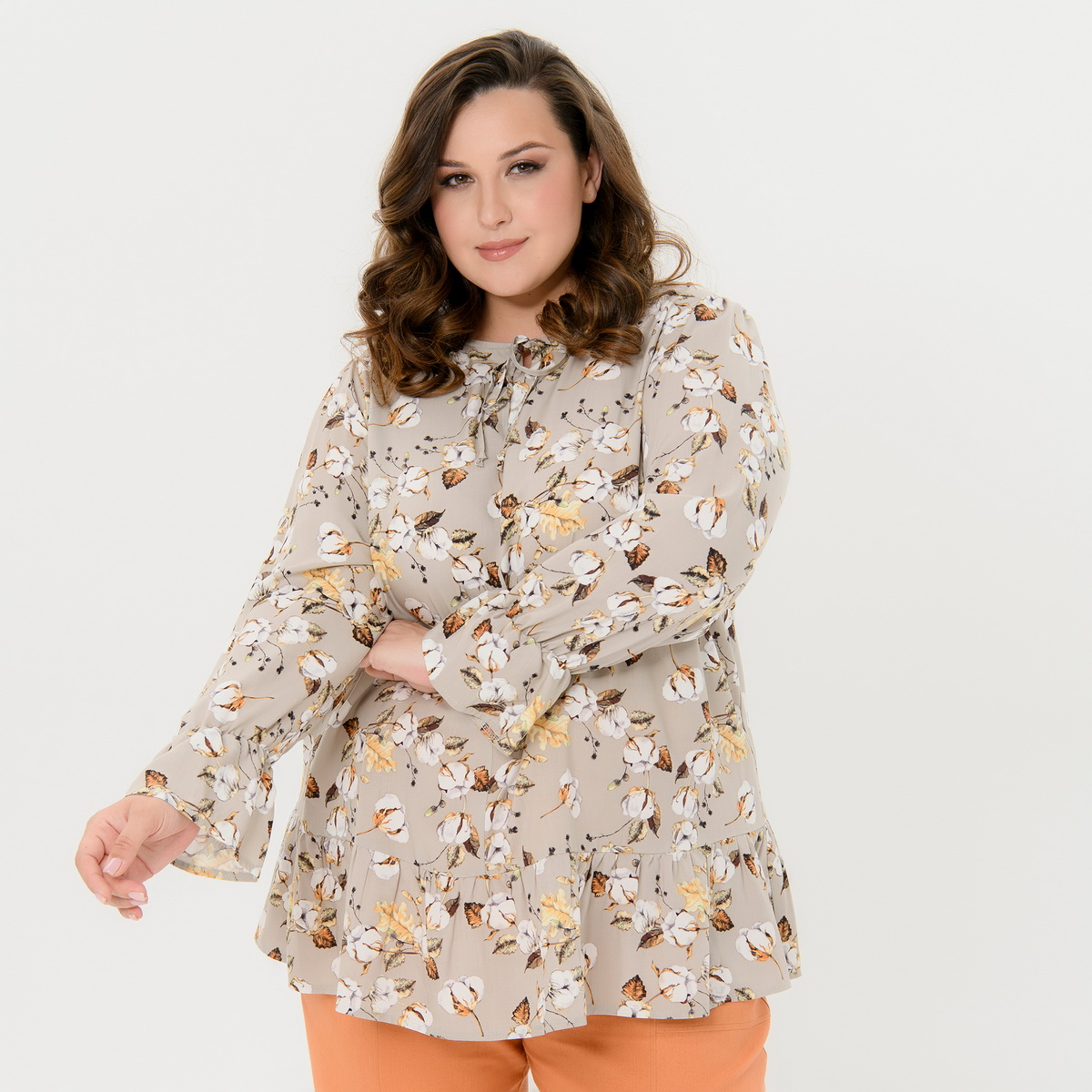 Туника свободная с оборочкой по низу, штапель, принт