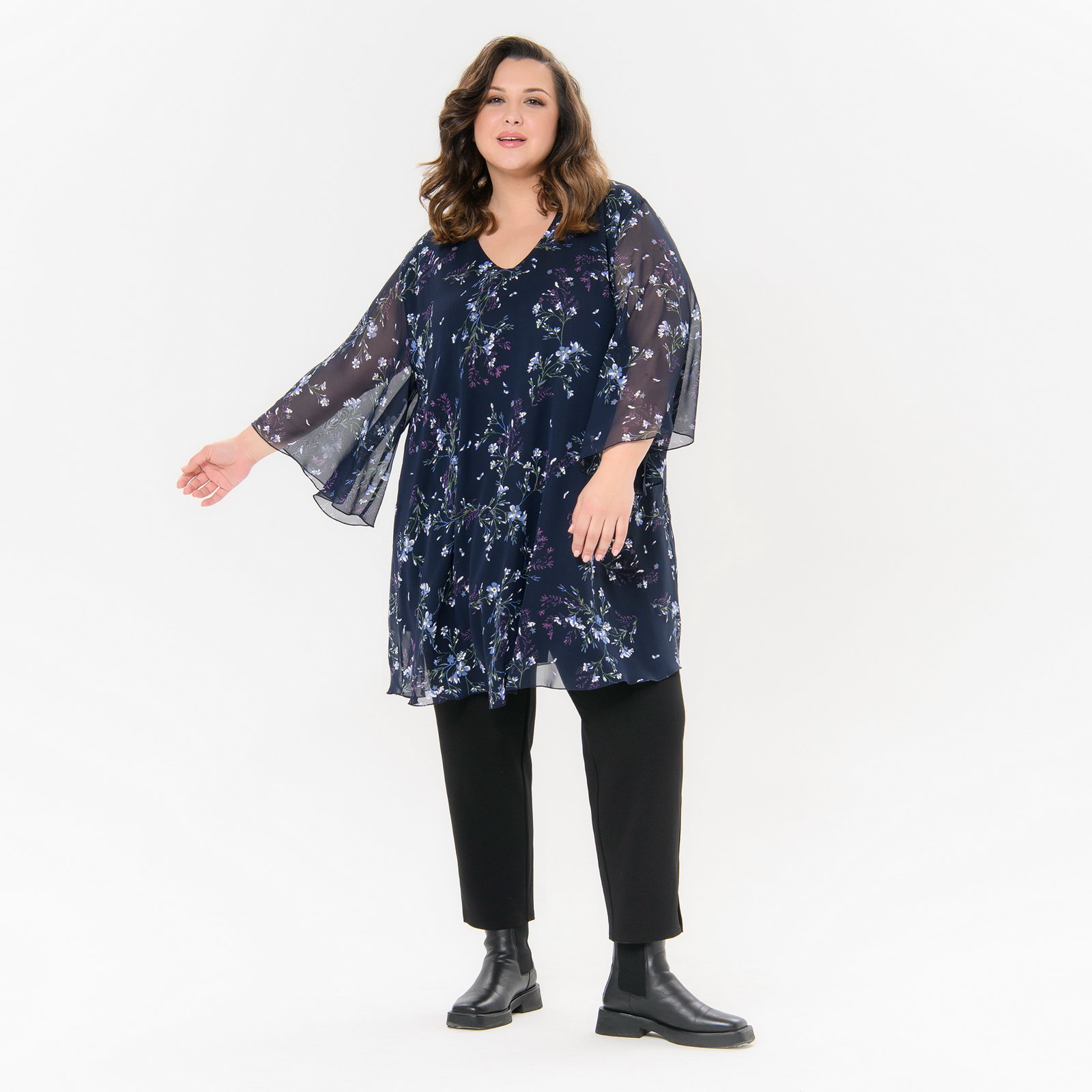 Туника свободная, шифон темно-синий, принт