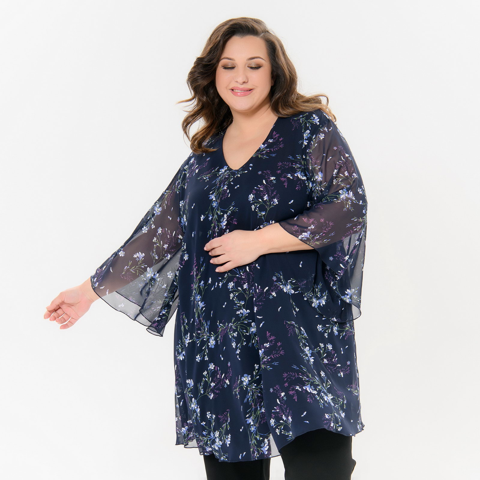 Туника свободная, шифон темно-синий, принт