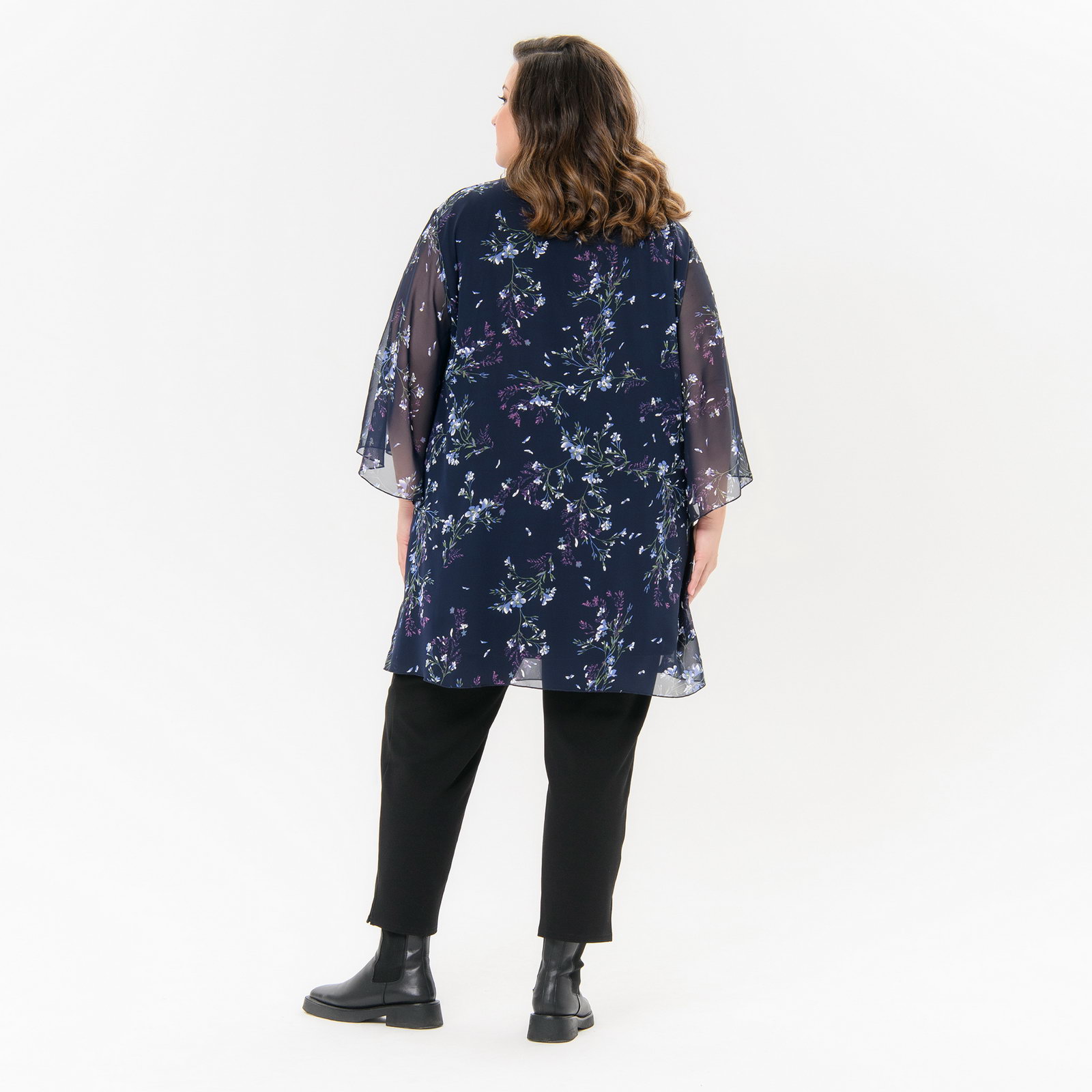 Туника свободная, шифон темно-синий, принт