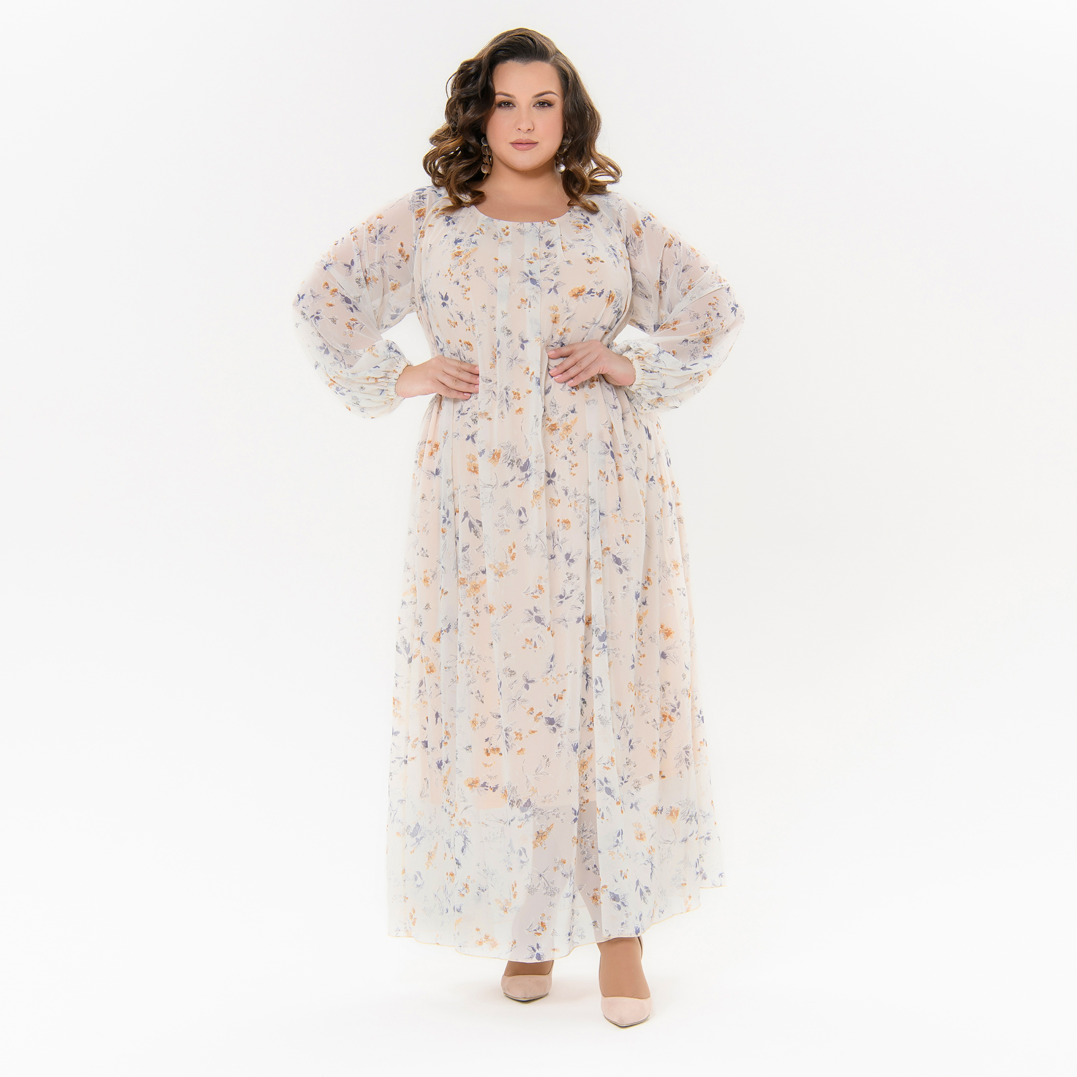 Платье вечернее из шифона, молочное, принт цветочный