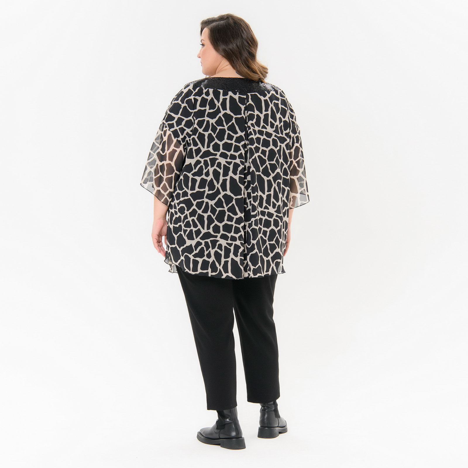 Туника свободная, отделка пайетки, шифон принт