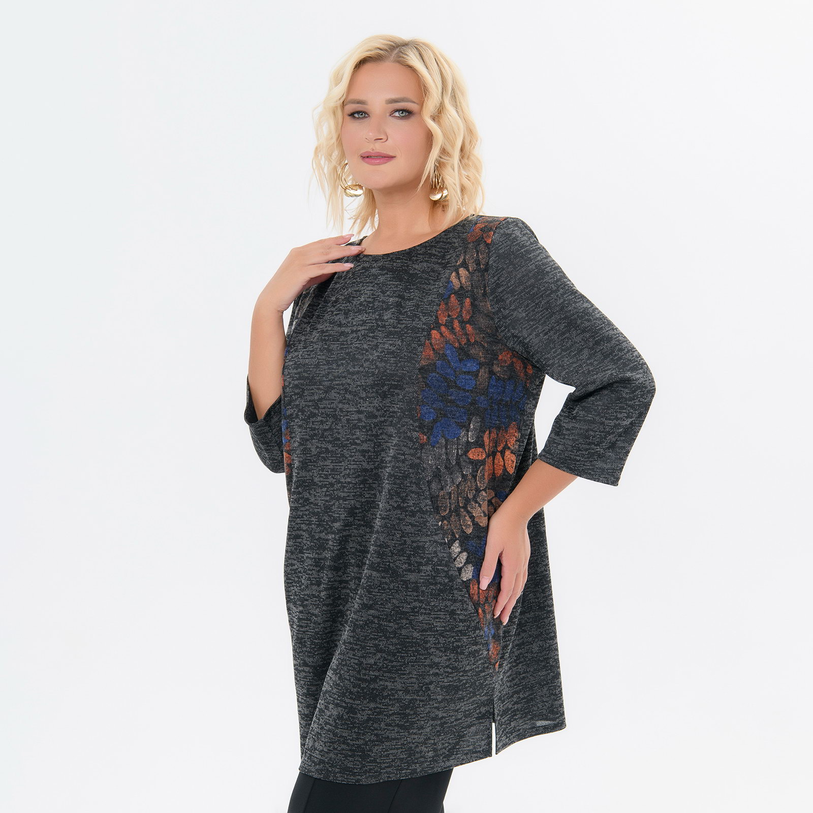 Туника прямого силуэта с карманами, меланж темный-серый/ангора