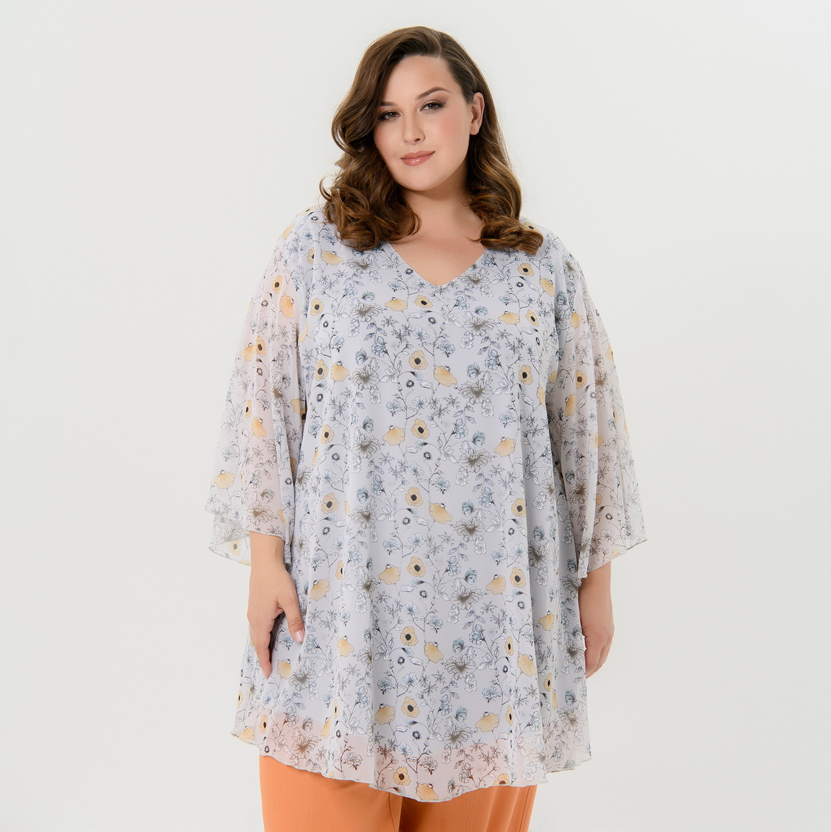 Туника свободная, шифон, принт нежно-лавандовый