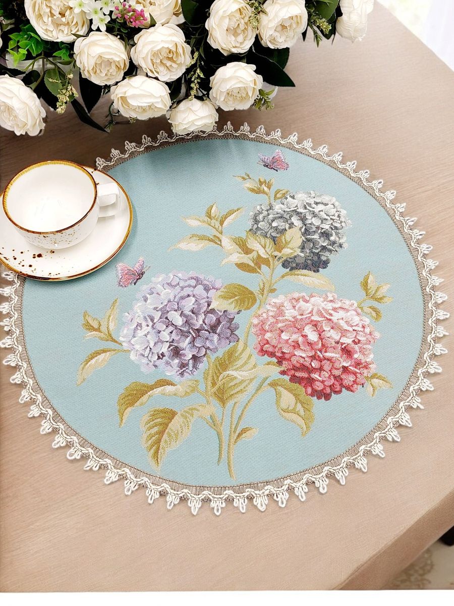 Гортензии и бабочки голубой фон Салфетка круг д47 см 2416710