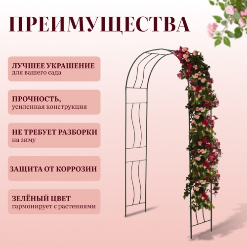 Арка садовая, 240 × 125 × 36,5 см, для вьющихся растений, металлическая, зелёная, «Волна»
