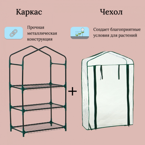Парник-стеллаж, 3 полки, 110 × 40 × 65 см, металлический каркас d = 16 мм, чехол плёнка 80 мкм, Greengo