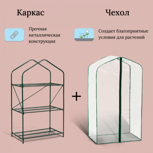Парник-стеллаж, 3 полки, 110 × 65 × 40 см, металлический каркас d = 16 мм, чехол плёнка 100 мкм