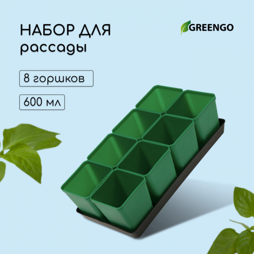 Набор для рассады: стаканы по 600 мл (8 .), поддон 36 × 18 см, цвет МИКС, Greengo