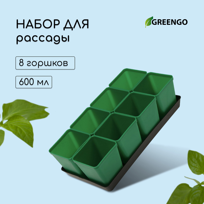 Набор для рассады: стаканы по 600 мл (8 .), поддон 36 × 18 см, цвет МИКС, Greengo