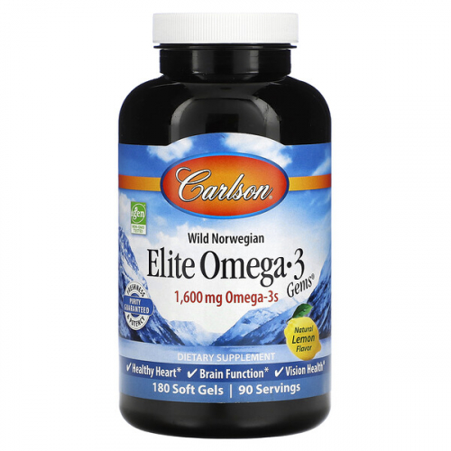 Carlson, Wild Norwegian, Elite Omega-3 Gems, Elite Omega-3 Gems, натуральный лимонный вкус, 1600 мг, капсулы (800 мг в одной капсуле)