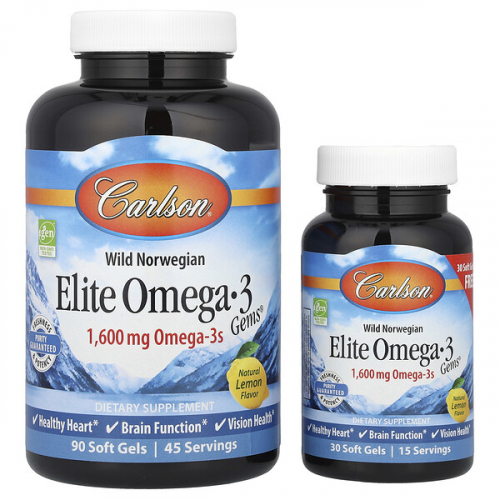 Carlson, Wild Norwegian, Elite Omega-3 Gems, Elite Omega-3 Gems, натуральный лимонный вкус, 1600 мг, капсулы (800 мг в одной капсуле)