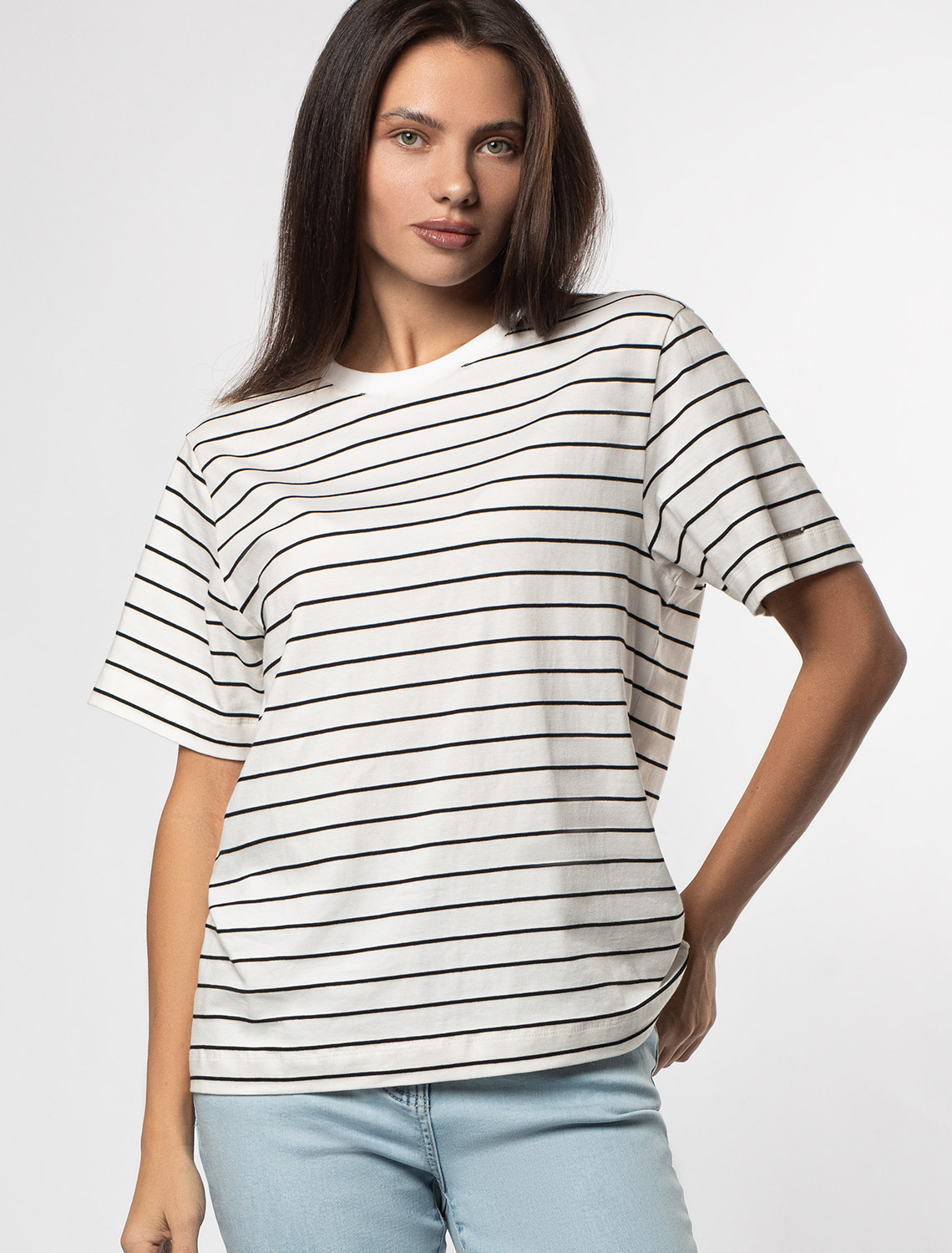 Футболка из премиального хлопка с эластаном D49.983 белый-черный полоса