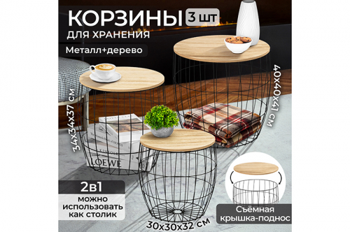 Набор 3 корзин для хранения 40*40*41,5 см, с крышками, металл