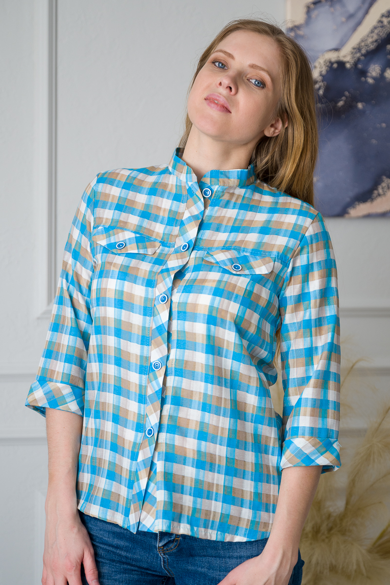 Туника женская со стойкой голубая клетка