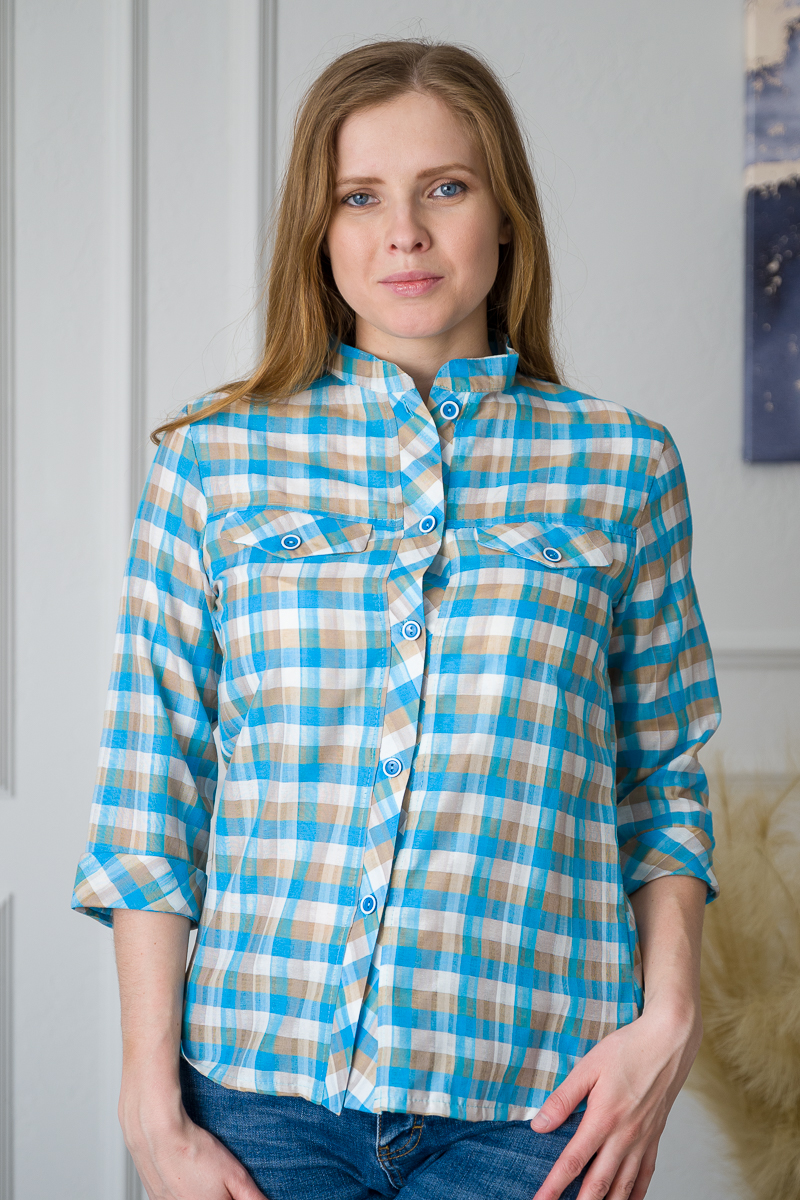 Туника женская со стойкой голубая клетка