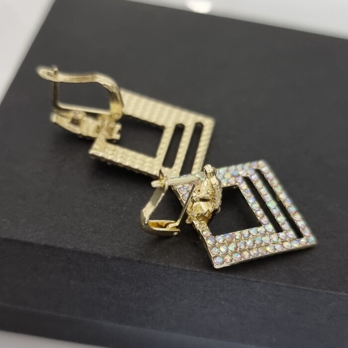 Серьги подвески квадрат ювелирная бижутерия Итальянское золото (покрытие желтое 14к), вставка: фианит, цвет: хамелеон, арт.217.198