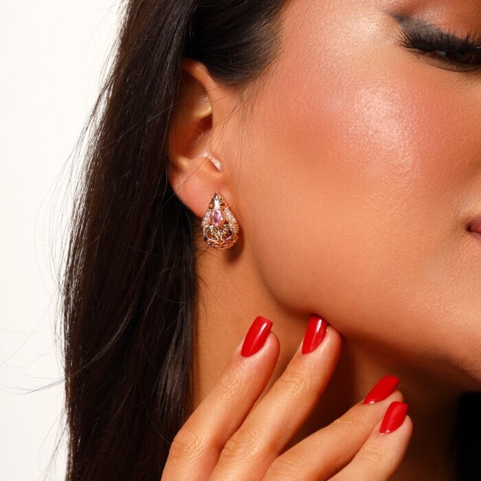 Серьги ювелирная бижутерия Дубайское золото, с покрытием позолотой, вставка: фианит, цвет: розовый и прозрачный, арт.314.024