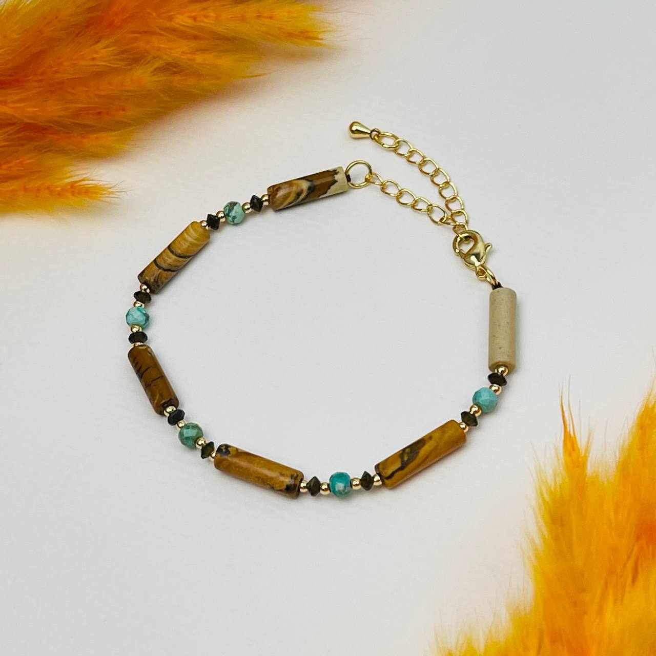 Радуга Самоцветов Браслет из песочной Яшмы, Обсидиана и Бирюзы