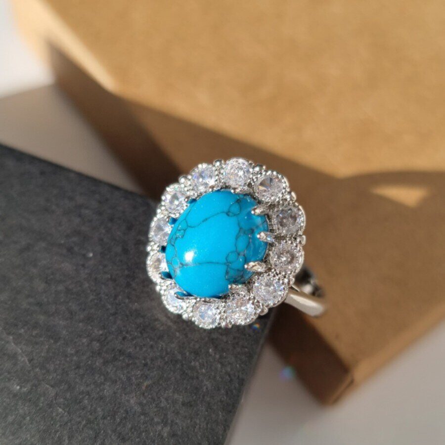 Комплект ювелирной бижутерии, посеребрение: серьги и кольцо с бирюзой, р-р 18, 130115, Уценка, арт.08.1202