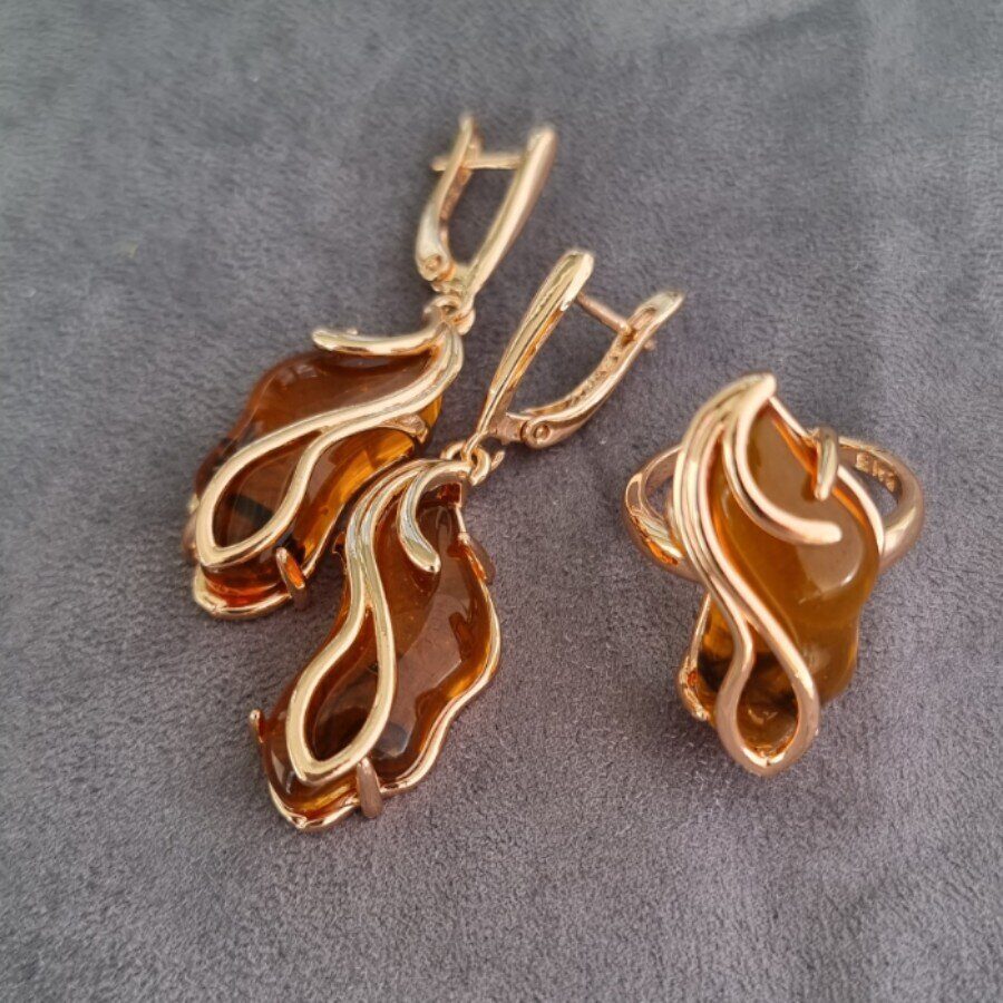 Комплект кольцо и серьги янтарные, покрытие позолота, коллекция