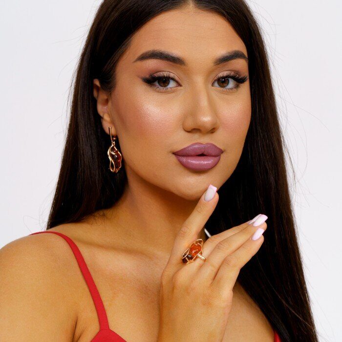 Комплект кольцо и серьги янтарные, покрытие позолота, коллекция