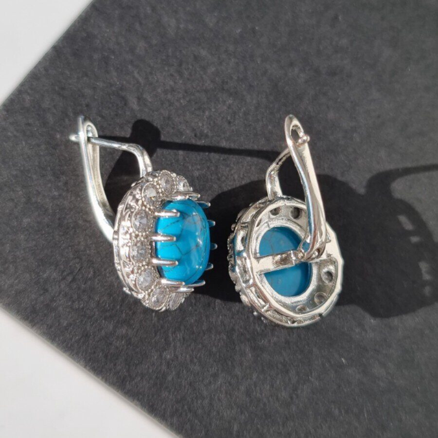 Комплект ювелирной бижутерии, посеребрение: серьги и кольцо с бирюзой, р-р 18, 130115, Уценка, арт.08.1202