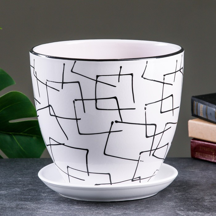 Набор горшков для цветов «Иллюзия», 4 шт., с поддоном, 0.4 / 1 / 2.5 / 5 л, керамика, белые с чёрным орнаментом