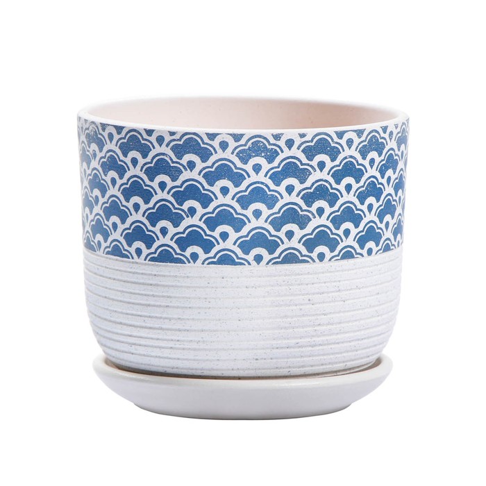 Горшок для цветов «Хоккайдо», керамический, с поддоном, 1.7 л, белый с голубым орнаментом