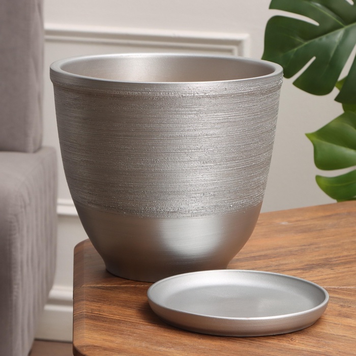 Горшок для цветов «Серебро», керамический, с поддоном, 8 л, серебристый