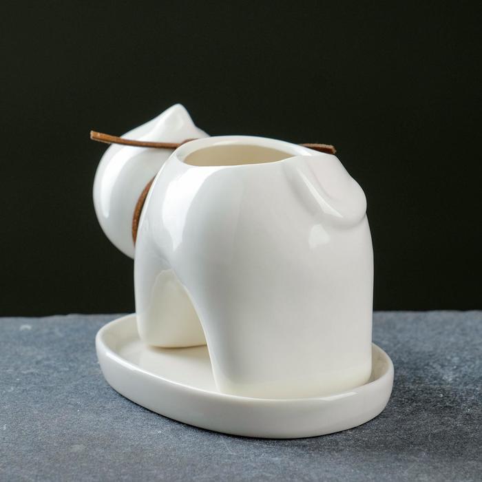 Декоративный горшок для цветов «Котёнок», 150 мл, 11.4×5.3×5.3 см, с поддоном, керамический, белый