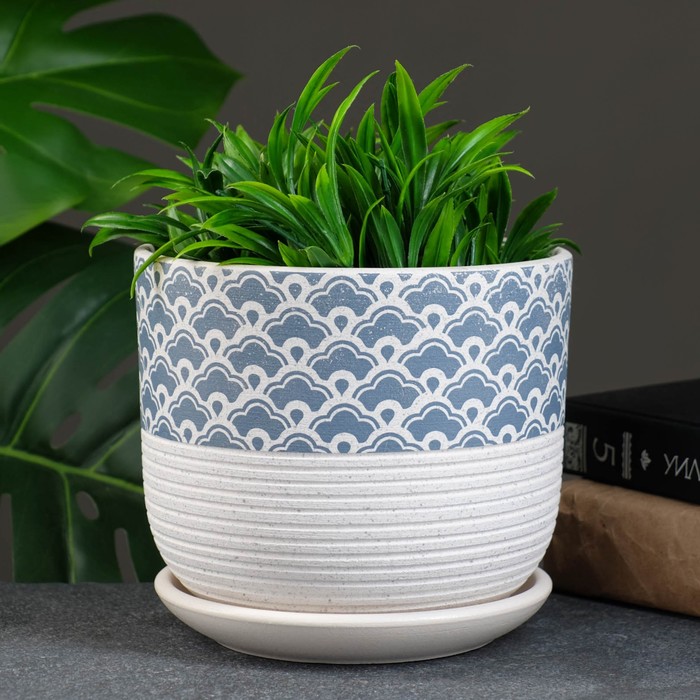 Горшок для цветов «Хоккайдо», керамический, с поддоном, 1.7 л, белый с голубым орнаментом