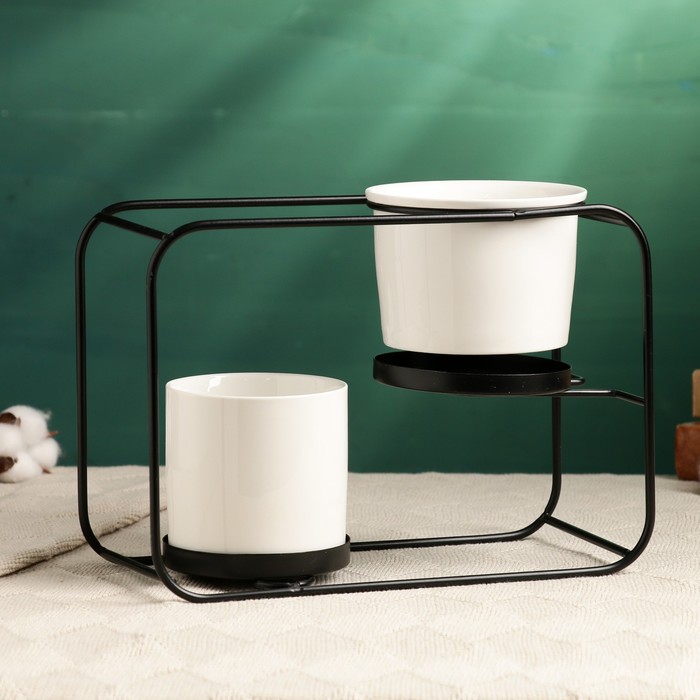 Набор горшков для цветов, 2 шт., 420 / 500 мл, 27×12×19 см, керамика, белые, на чёрной металлической подставке