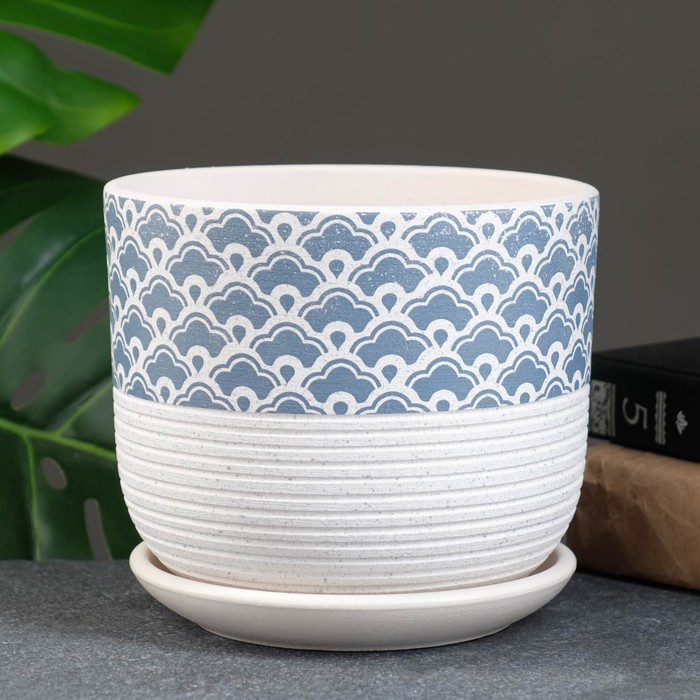 Горшок для цветов «Хоккайдо», керамический, с поддоном, 1.7 л, белый с голубым орнаментом