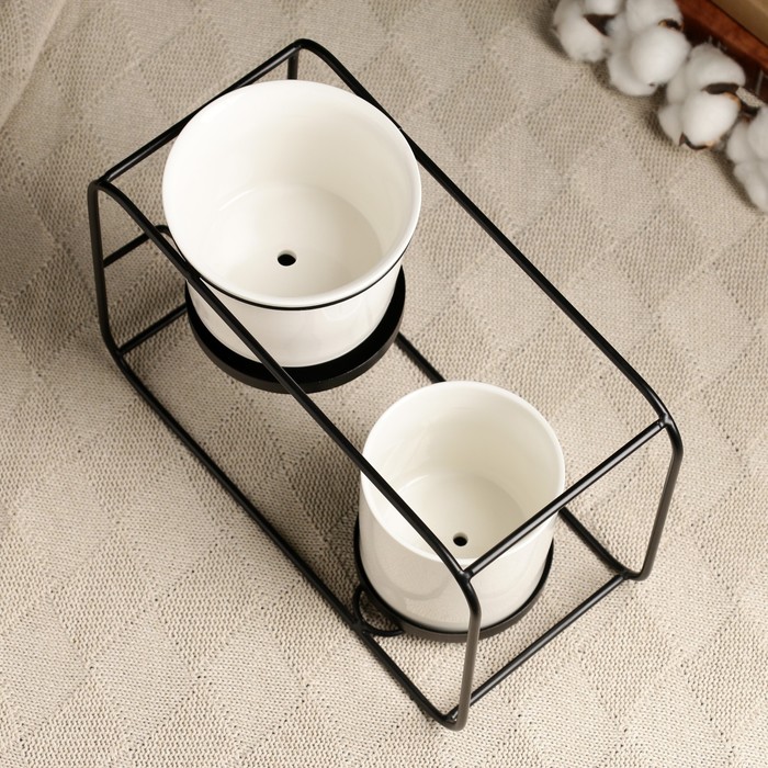 Набор горшков для цветов, 2 шт., 420 / 500 мл, 27×12×19 см, керамика, белые, на чёрной металлической подставке