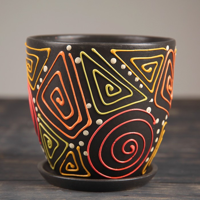 Горшок для цветов «Радуга №3», керамический, с поддоном, 1.5 л, коричневый с орнаментом