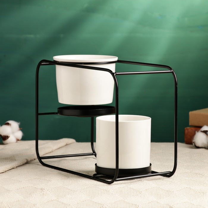 Набор горшков для цветов, 2 шт., 420 / 500 мл, 27×12×19 см, керамика, белые, на чёрной металлической подставке