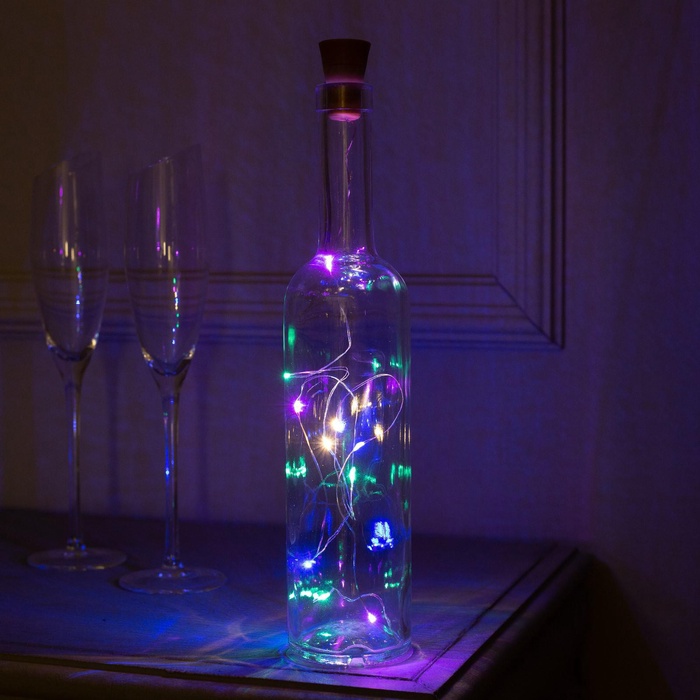 Гирлянда «Нить», 1 м, уличная, роса с пробкой, IP44, серебристая нить, 10 LED, солнечная батарея, свечение мульти